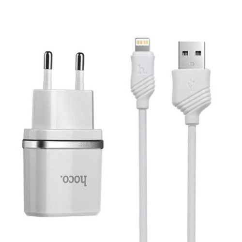 Сетевое зарядное устройство Hoco C12 Smart, 2.4A, 2 USB, с кабелем USB - Lightning, белый в рассрочку без первоначального взноса и переплат