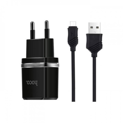Сетевое зарядное устройство Hoco C12 Smart, 2.4A, 2 USB, с кабелем USB - micro USB, черный в рассрочку без первоначального взноса и переплат