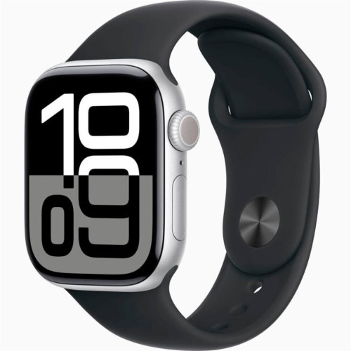 Часы Apple Watch Series 10, 46 мм Sport Band (серебристый/черный), размер M/L в рассрочку без первоначального взноса и переплат