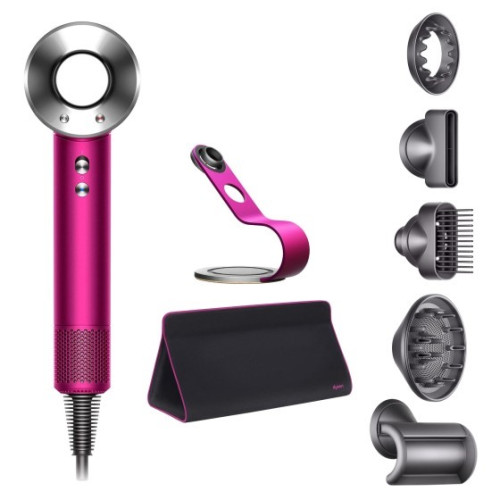 Фен Dyson Supersonic HD07 фуксия/яркий никель с черным дорожным чехлом, подставкой и 5 насадками в рассрочку без первоначального взноса и переплат