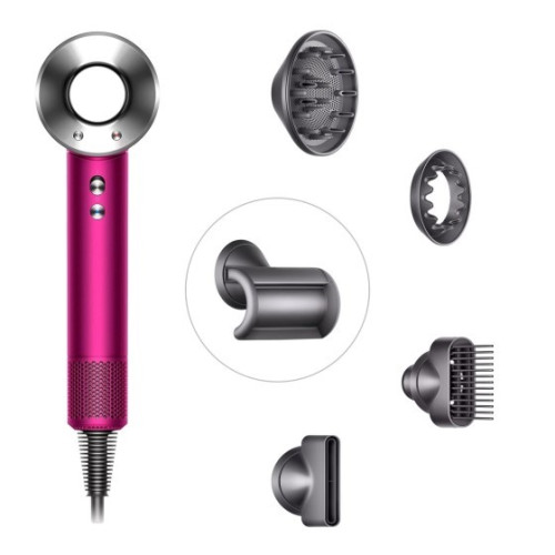 Фен Dyson Supersonic HD07 фуксия/яркий никель с черным дорожным чехлом, подставкой и 5 насадками в рассрочку без первоначального взноса и переплат