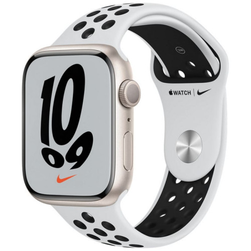 Apple Watch S7 NIKE 45mm Starlight Aluminum Case / Platinum/Black Nike Sport Band в рассрочку без первоначального взноса и переплат